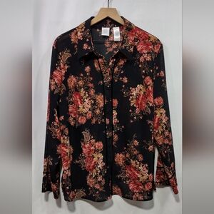 Emma James Floral Button Shirt Womens 18W Black Red Cottagecore Peasant Retro